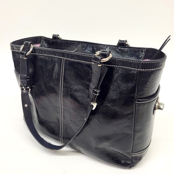 Coach Patent Leather Turnlock Tote Bag Black Violet Lined - Picture 5 of 11